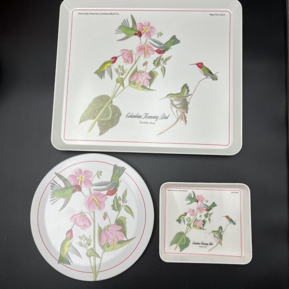 Lot Set Of 3 JJ Audubon Columbian Humming Bird Melamine Serving Trays Italy